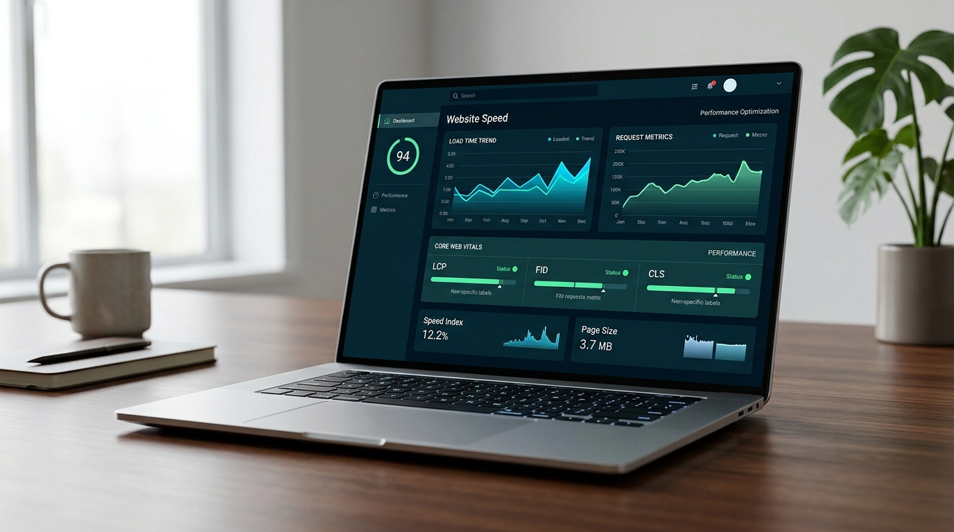 Illustration of website speed optimization: a speedometer in the green zone with light trails behind a web page